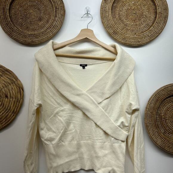 Express Neutral Off White Minimalist Ribbed Wide Boat Neck Knit Sweater Large - Picture 3 of 6